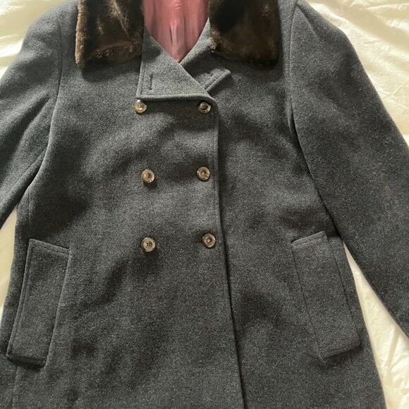 Vintage Benetton Wool Coat w/ Faux Fur Collar — Double Breasted Gray - Picture 8 of 16